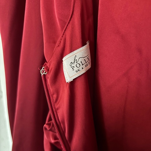 Oh Polly Red Ruched Puff Sleeve Square Neck Satin Effect Holiday Mini Dress - Picture 8 of 13